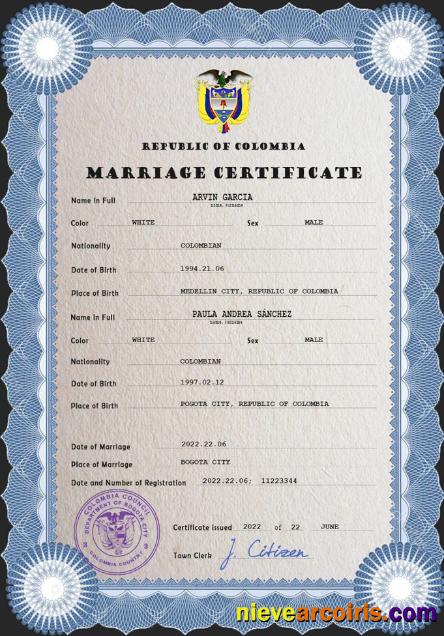 Colombia marriage certificate psd